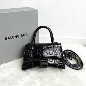 Balenciaga Hourglass XS Black Crocodile Embossed Handbag